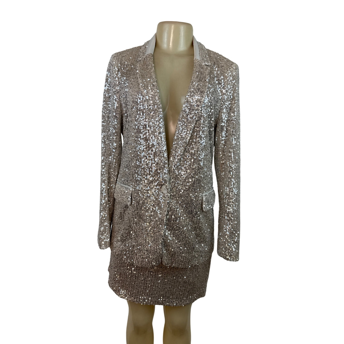 Banana Republic Women's Sequin Blazer & Mini Skirt Set Silver Sparkling Sz 8/10