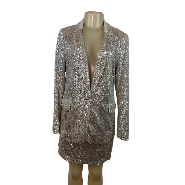 Banana Republic Women's Sequin Blazer & Mini Skirt Set Silver Sparkling Sz 8/10