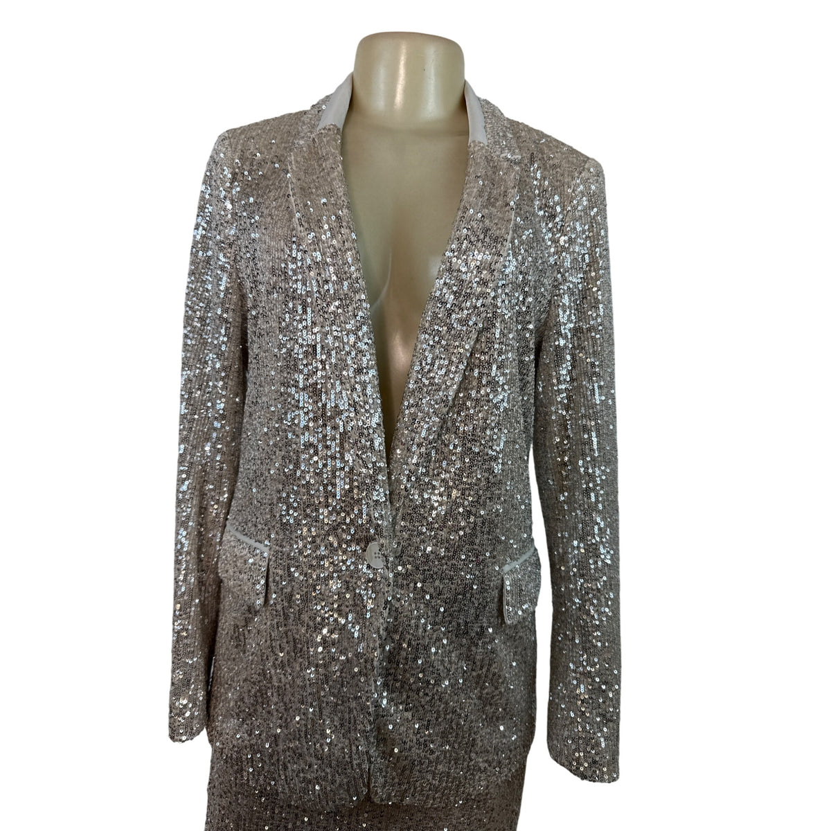 Banana Republic Women's Sequin Blazer & Mini Skirt Set Silver Sparkling Sz 8/10