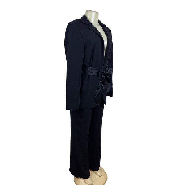 Carlisle Womens Navy Suit Set With Belted Blazer & Wide-Leg Pants Size 8