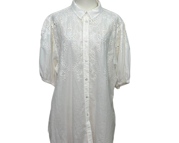 7 For All Mankind White Eyelet Embroidery Button-Down Blouse Sz L