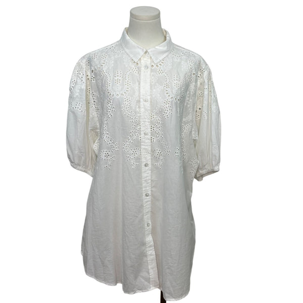7 For All Mankind White Eyelet Embroidery Button-Down Blouse Sz L