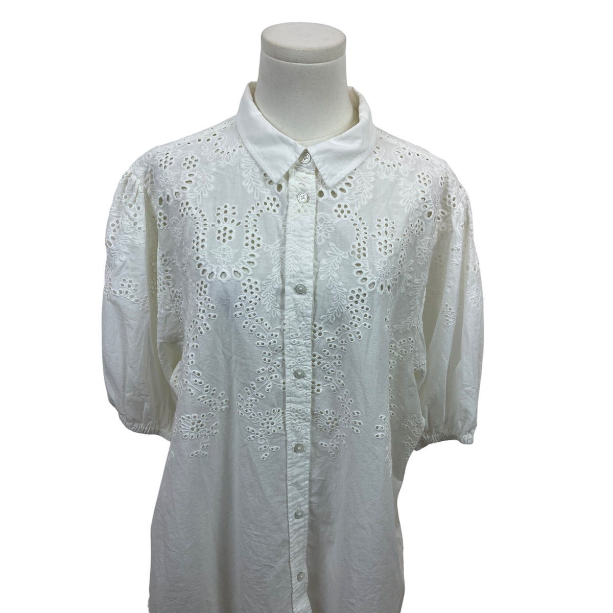 7 For All Mankind White Eyelet Embroidery Button-Down Blouse Sz L