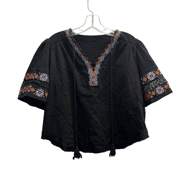 Black Cotton Womens Embroidered Boho Top With Lace Accents Short Sleeves Size M