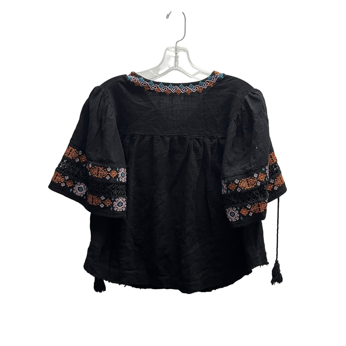 Black Cotton Womens Embroidered Boho Top With Lace Accents Short Sleeves Size M