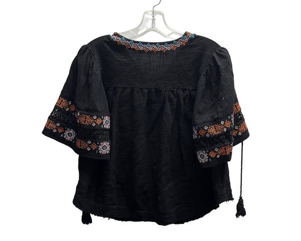 Black Cotton Womens Embroidered Boho Top With Lace Accents Short Sleeves Size M