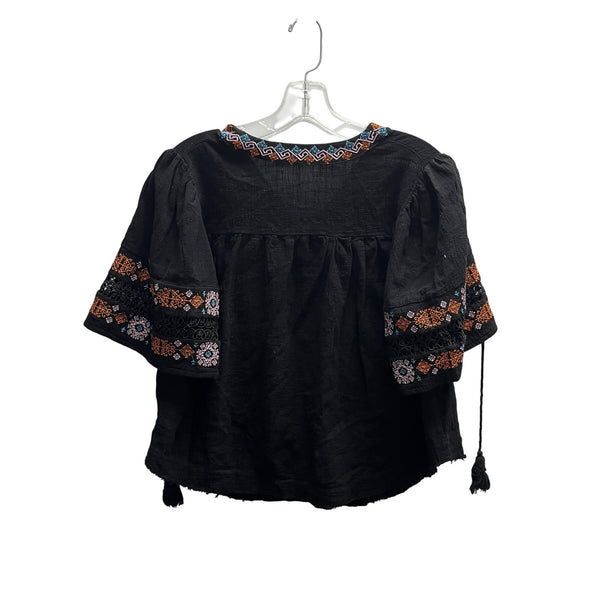 Black Cotton Womens Embroidered Boho Top With Lace Accents Short Sleeves Size M