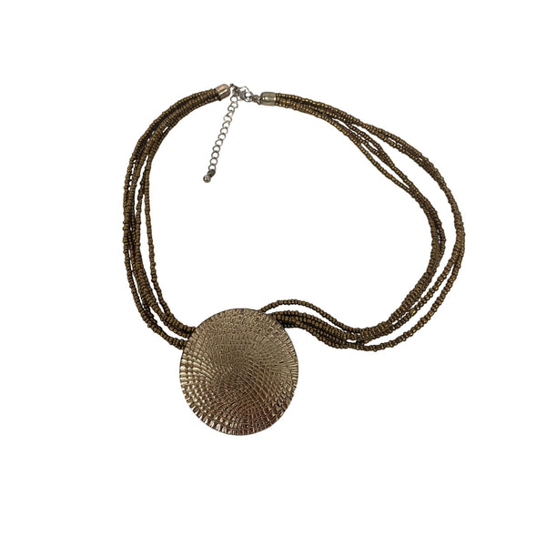Gold-Tone Womens Multi-Strand Necklace W/ Circular Textured Pendant Metal & Beads