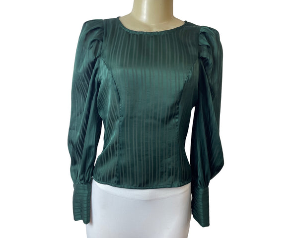 Fashion Nova Green Striped Satin Long Sleeve Blouse Sz XS