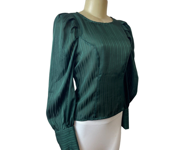 Fashion Nova Green Striped Satin Long Sleeve Blouse Sz XS