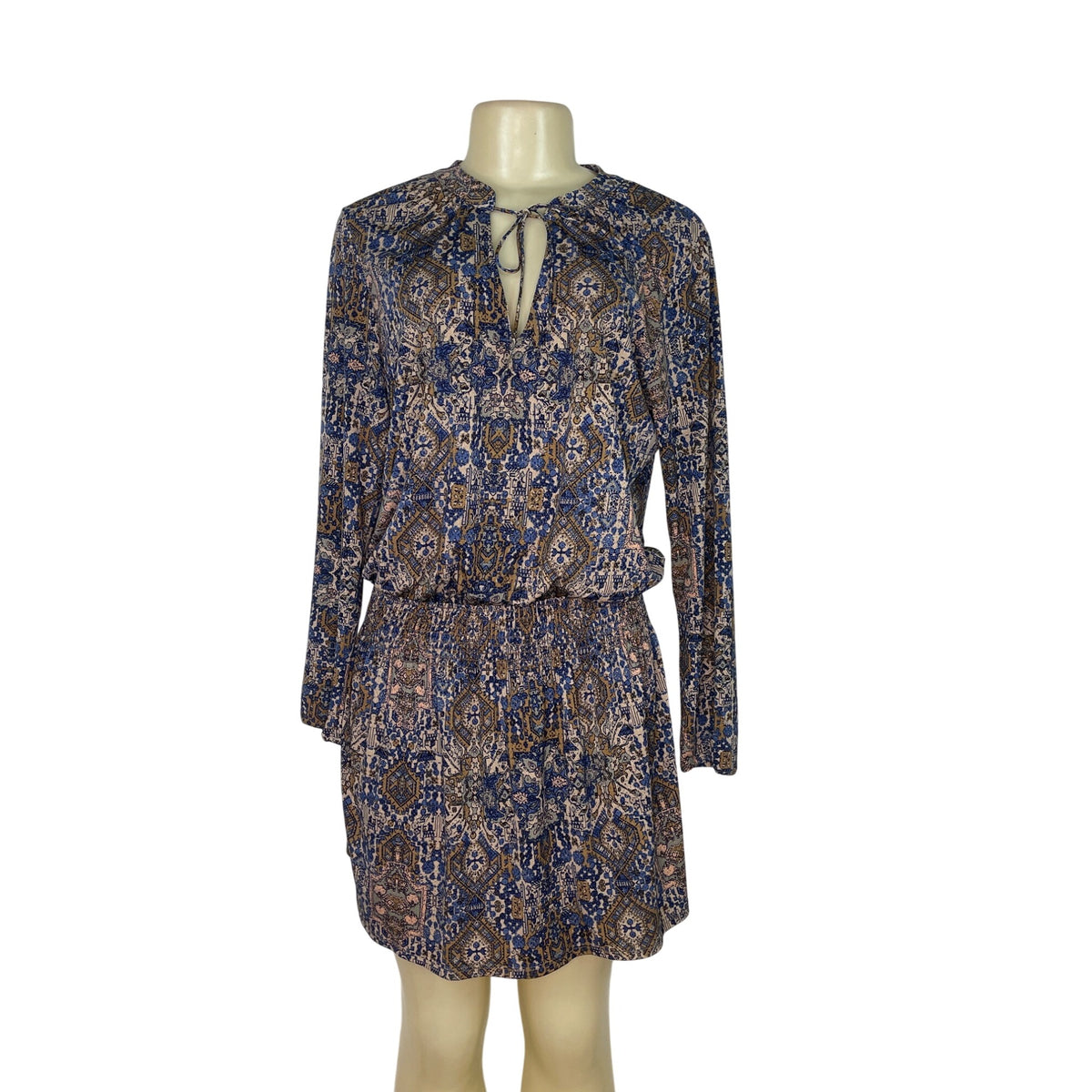 Juniper Blu Women's Boho Printed Long Sleeve Dress With Tie Neck & Elastic Waist