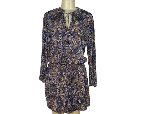 Juniper Blu Women's Boho Printed Long Sleeve Dress With Tie Neck & Elastic Waist