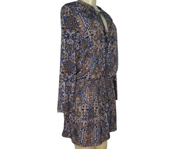 Juniper Blu Women's Boho Printed Long Sleeve Dress With Tie Neck & Elastic Waist