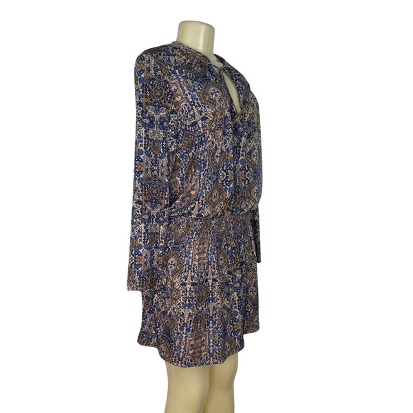 Juniper Blu Women's Boho Printed Long Sleeve Dress With Tie Neck & Elastic Waist