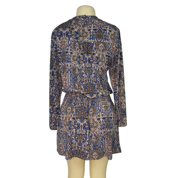 Juniper Blu Women's Boho Printed Long Sleeve Dress With Tie Neck & Elastic Waist