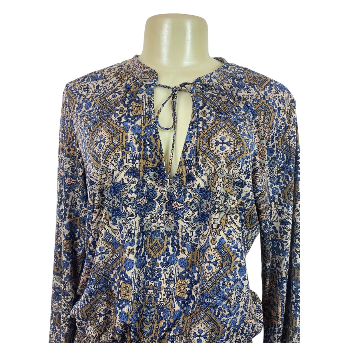 Juniper Blu Women's Boho Printed Long Sleeve Dress With Tie Neck & Elastic Waist