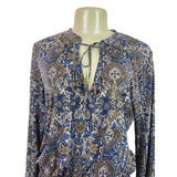 Juniper Blu Women's Boho Printed Long Sleeve Dress With Tie Neck & Elastic Waist