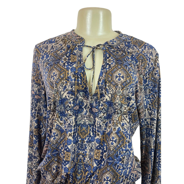 Juniper Blu Women's Boho Printed Long Sleeve Dress With Tie Neck & Elastic Waist
