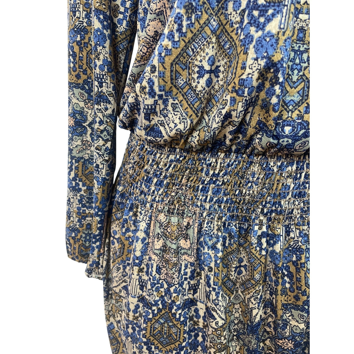 Juniper Blu Women's Boho Printed Long Sleeve Dress With Tie Neck & Elastic Waist