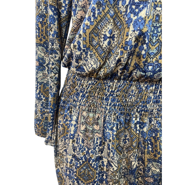 Juniper Blu Women's Boho Printed Long Sleeve Dress With Tie Neck & Elastic Waist