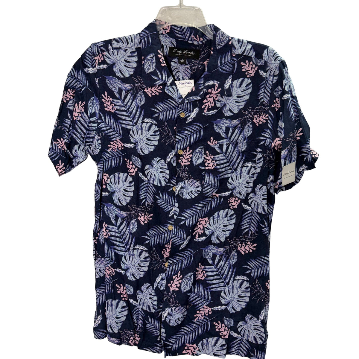 Dirty Laundry Mens Navy Blue Short Sleeve Hawaiian Shirt Tropical Leaf Print Large