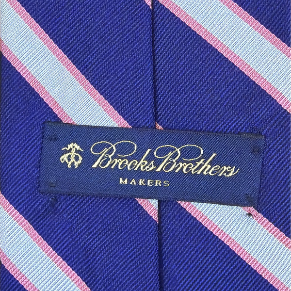 Vintage Brooks Brothers Blue Silk Striped Neck Tie Classic Pink Diagonal Pattern