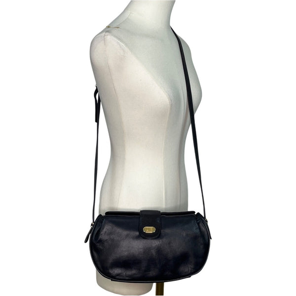 Jones New York Black Leather Gold Logo Accent Snap Closure Crossbody Bag Sz M