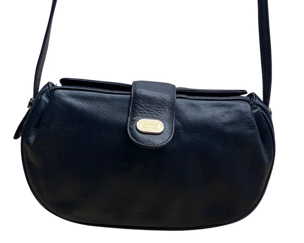 Jones New York Black Leather Gold Logo Accent Snap Closure Crossbody Bag Sz M