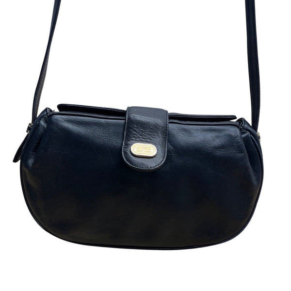 Jones New York Black Leather Gold Logo Accent Snap Closure Crossbody Bag Sz M