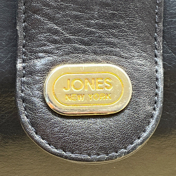 Jones New York Black Leather Gold Logo Accent Snap Closure Crossbody Bag Sz M