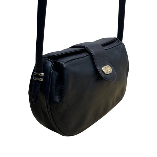 Jones New York Black Leather Gold Logo Accent Snap Closure Crossbody Bag Sz M