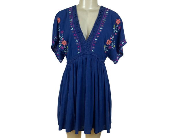Blue Rain Women's Royal Blue Short Sleeve Blouson Dress With Embroidery Sz S