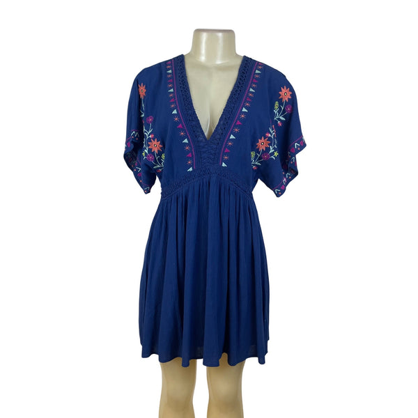 Blue Rain Women's Royal Blue Short Sleeve Blouson Dress With Embroidery Sz S
