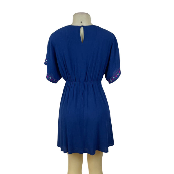 Blue Rain Women's Royal Blue Short Sleeve Blouson Dress With Embroidery Sz S