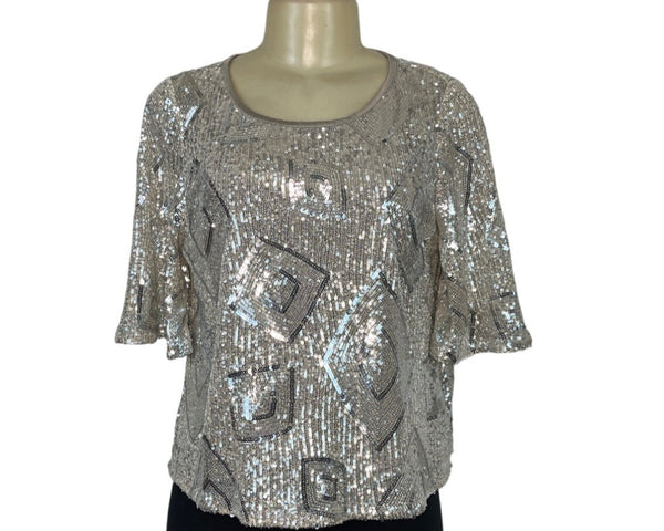 Skies Are Blue Silver Sequin Short-Sleeve Top Womens Size M