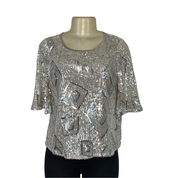 Skies Are Blue Silver Sequin Short-Sleeve Top Womens Size M
