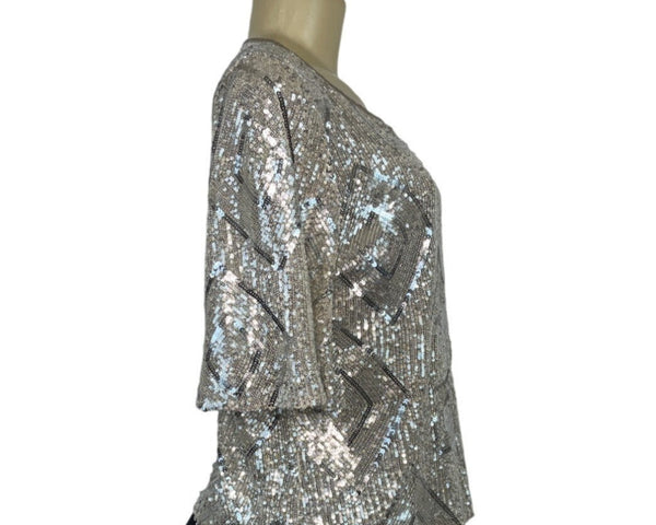 Skies Are Blue Silver Sequin Short-Sleeve Top Womens Size M