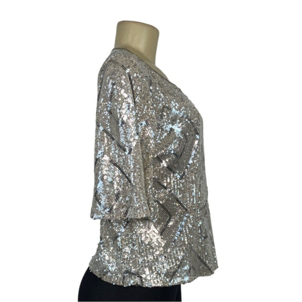 Skies Are Blue Silver Sequin Short-Sleeve Top Womens Size M