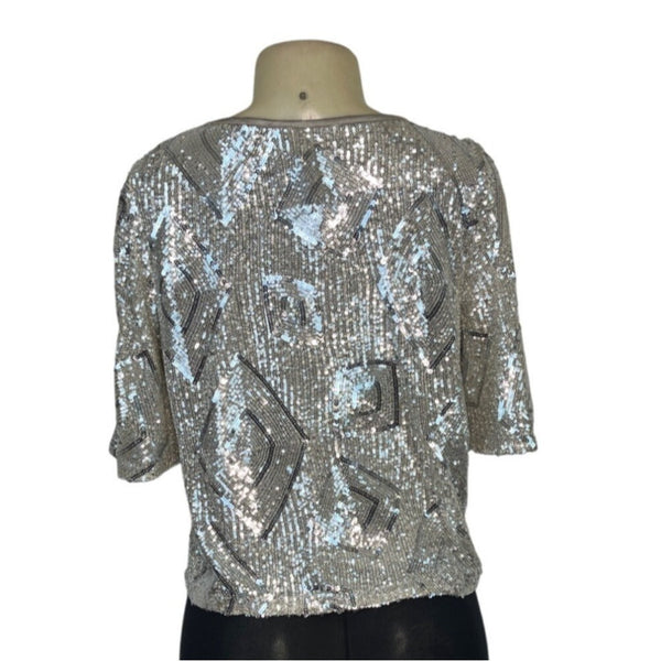 Skies Are Blue Silver Sequin Short-Sleeve Top Womens Size M