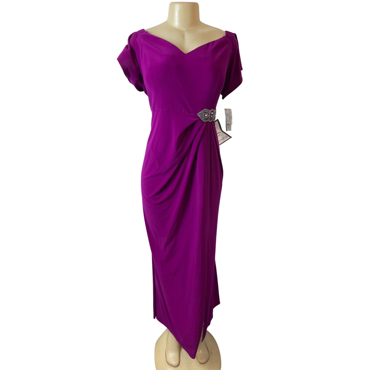 Alex Evenings Womens Fuchsia Evening Gown Size 18W With Embellished Waist & Draped Skirt