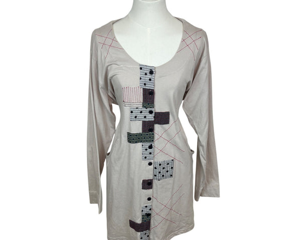 Tulip Womens Beige & Black Buttoned Cotton Long Sleeve Dress Sz L - New