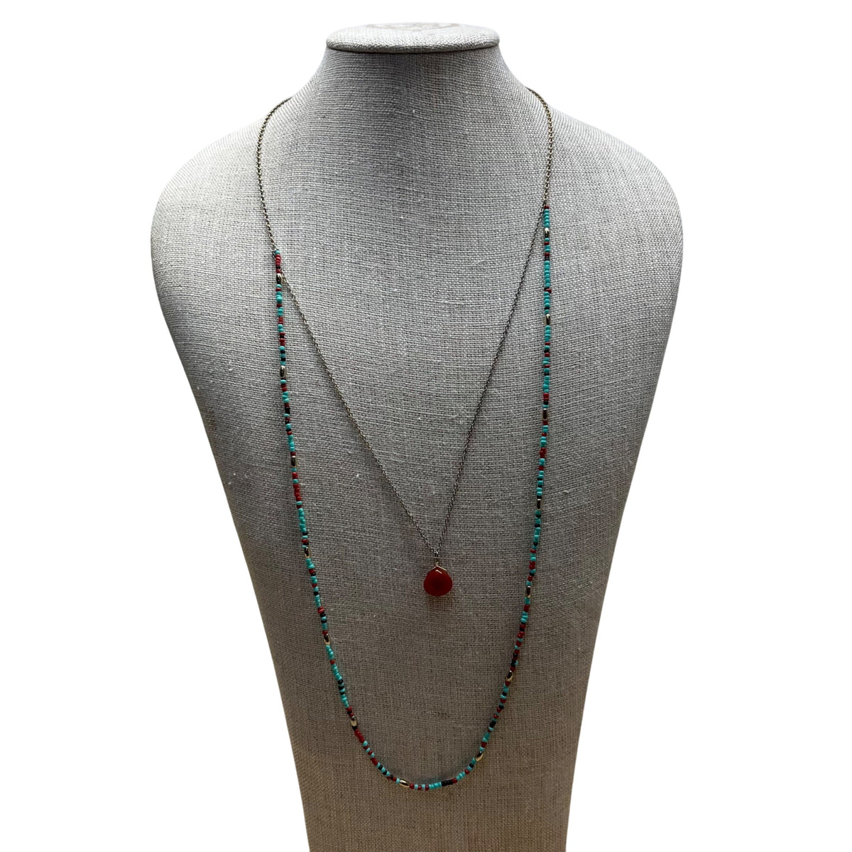 Beaded Layered Necklace With Red Teardrop Pendant Adjustable Lobster Clasp Multicolor Beaded Layered Necklace With Red Teardrop Pendant Adjustable Lobster Clasp Multicolor