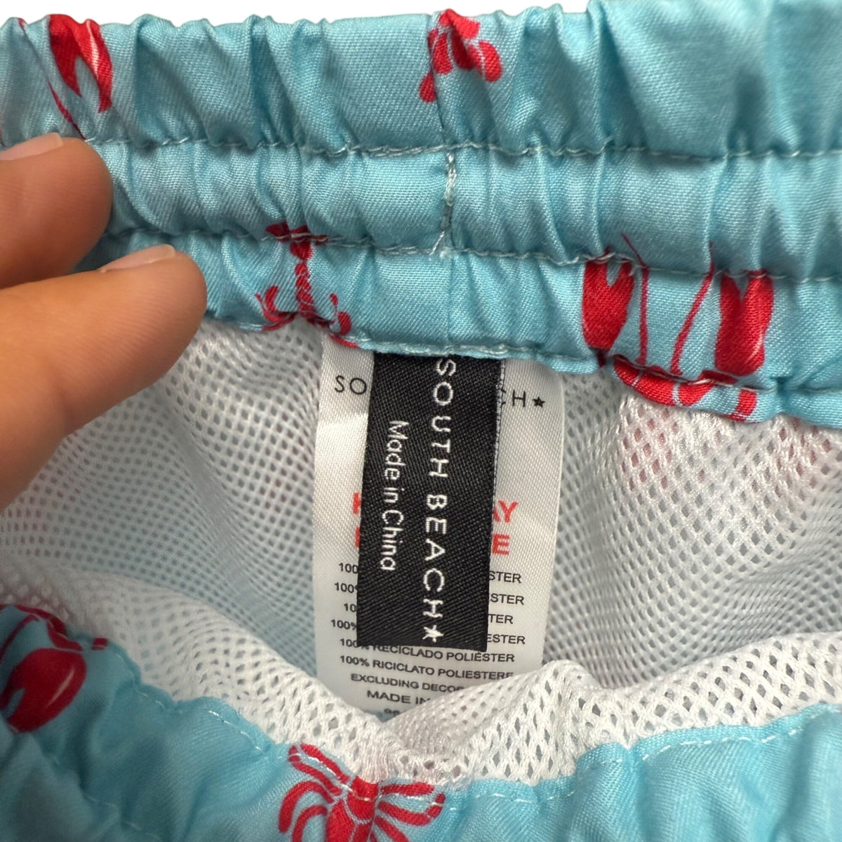 South Beach Mens Light Blue Lobster Print Swim Shorts Size M Polyester Lightweight