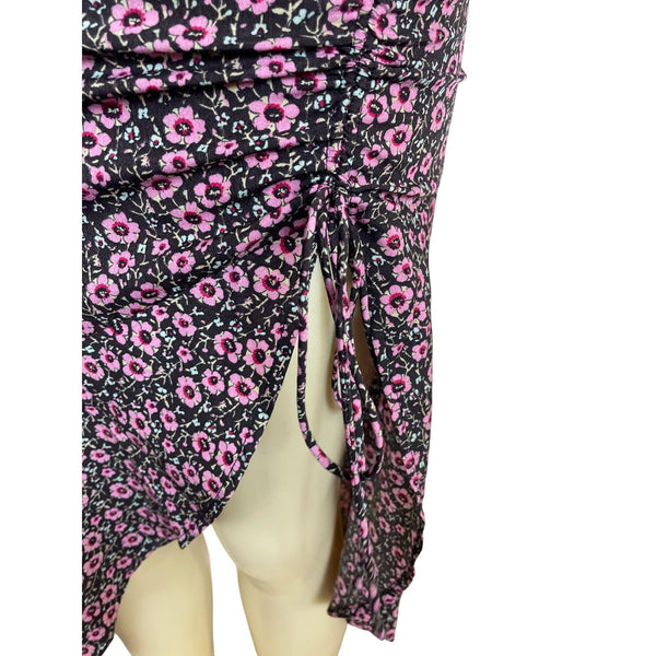 Lush Black Ditsy Floral Dress With Side Tie & Ruffled Hem Sz XS - New