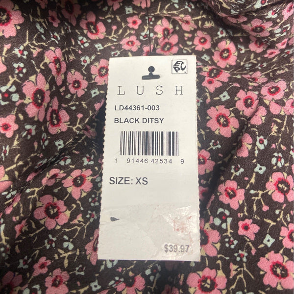 Lush Black Ditsy Floral Dress With Side Tie & Ruffled Hem Sz XS - New