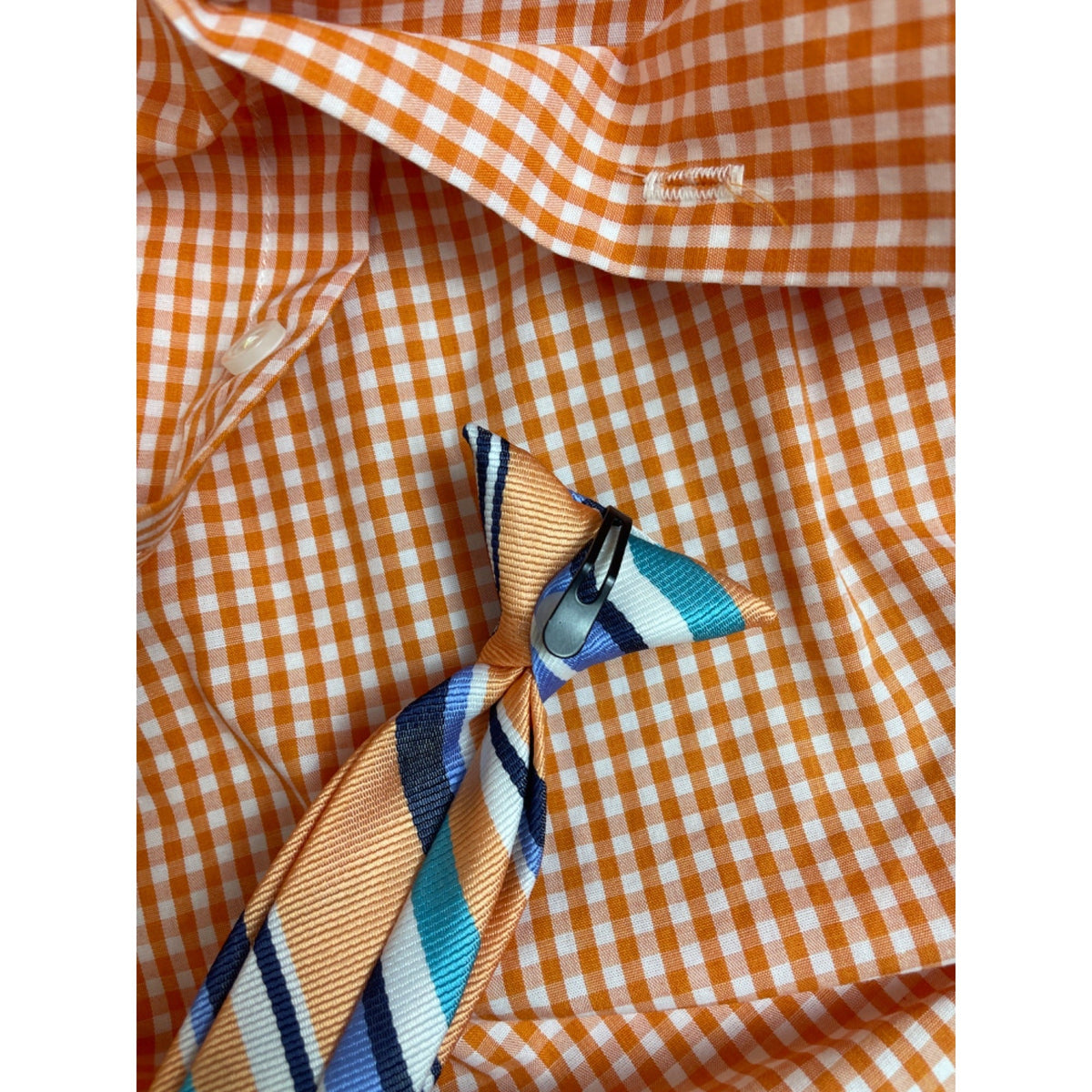 Izod Boys Orange Gingham Shirt & Striped Clip-On Tie Set Size 6