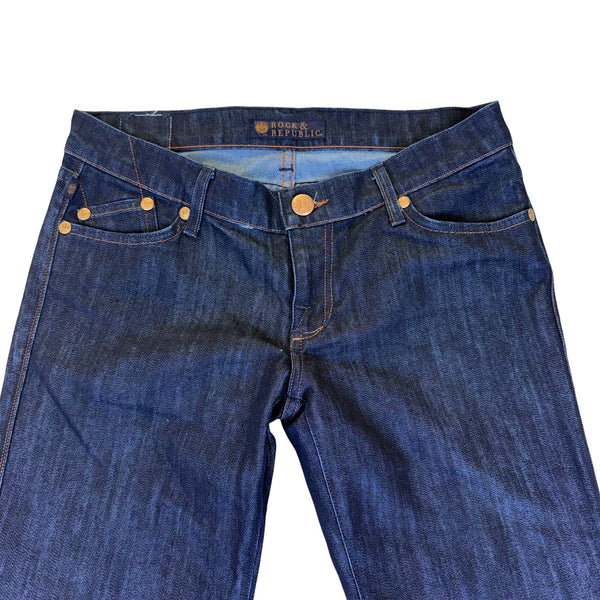 Rock & Republic Women's Dark Blue Denim Jeans Flare Style Logo Pockets Sz 28