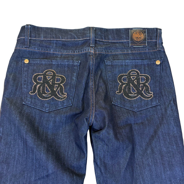 Rock & Republic Women's Dark Blue Denim Jeans Flare Style Logo Pockets Sz 28