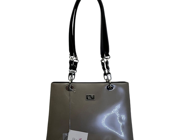 Beijo Classic Women’s Patent Gray With Black Straps & Silver Logo Tote Bag Sz L