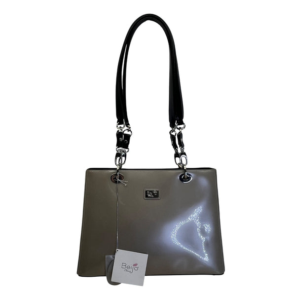 Beijo Classic Women’s Patent Gray With Black Straps & Silver Logo Tote Bag Sz L